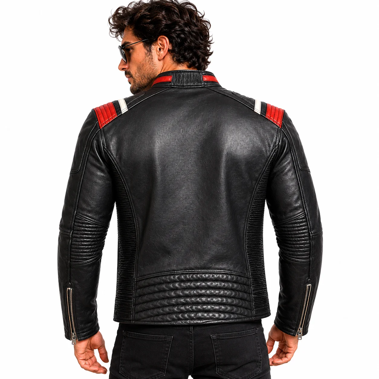 Men’s Vintage Distressed Black Leather Motorcycle Café Racer Jacket with Red & White Stripes - Image 2