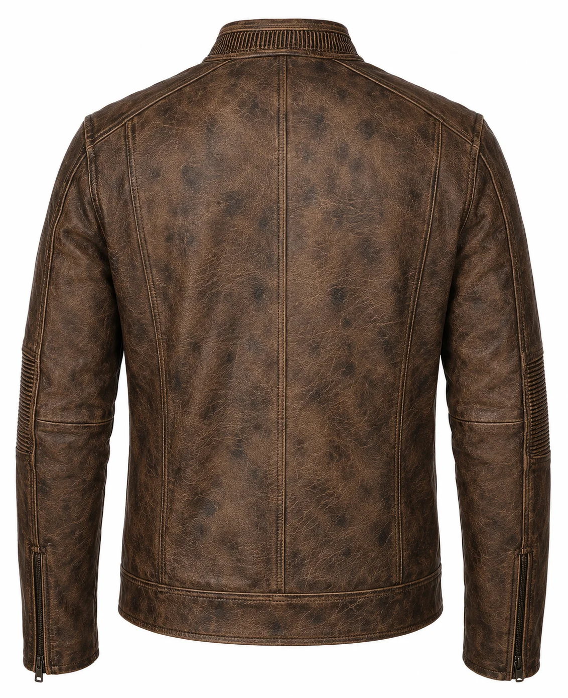 Men’s Vintage Distressed Brown Leather Cafe Racer Jacket Quilted Shoulder & Elbow Detailing, Stand-Up Collar - Image 4