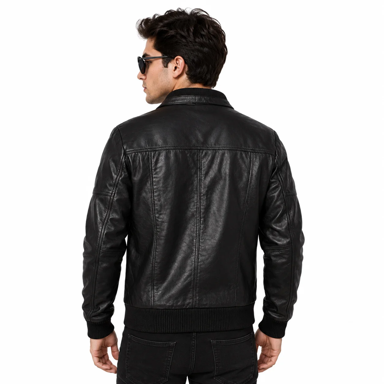 Men’s Black Leather Bomber Jacket Shirt Collar with Ribbed Cuffs - Image 2