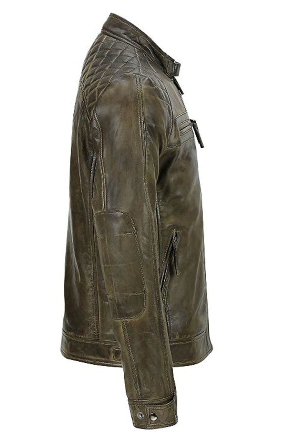 Men’s Vintage Brown Leather Biker Jacket Quilted Shoulders with Stand Collar - Image 2