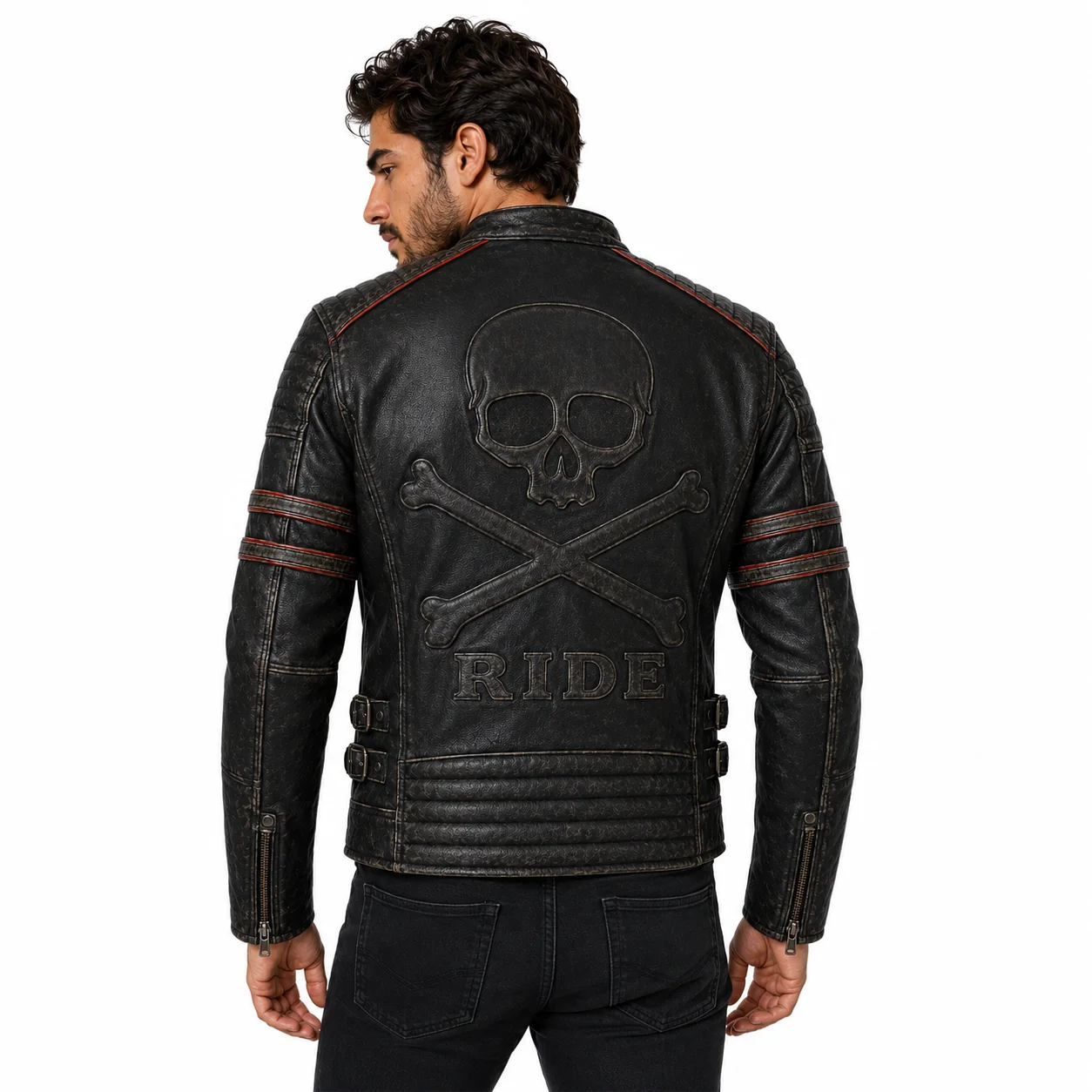 Men’s Vintage Distressed Black Leather Cafe Racer Motorcycle Jacket Red Racing Stripes - Image 2