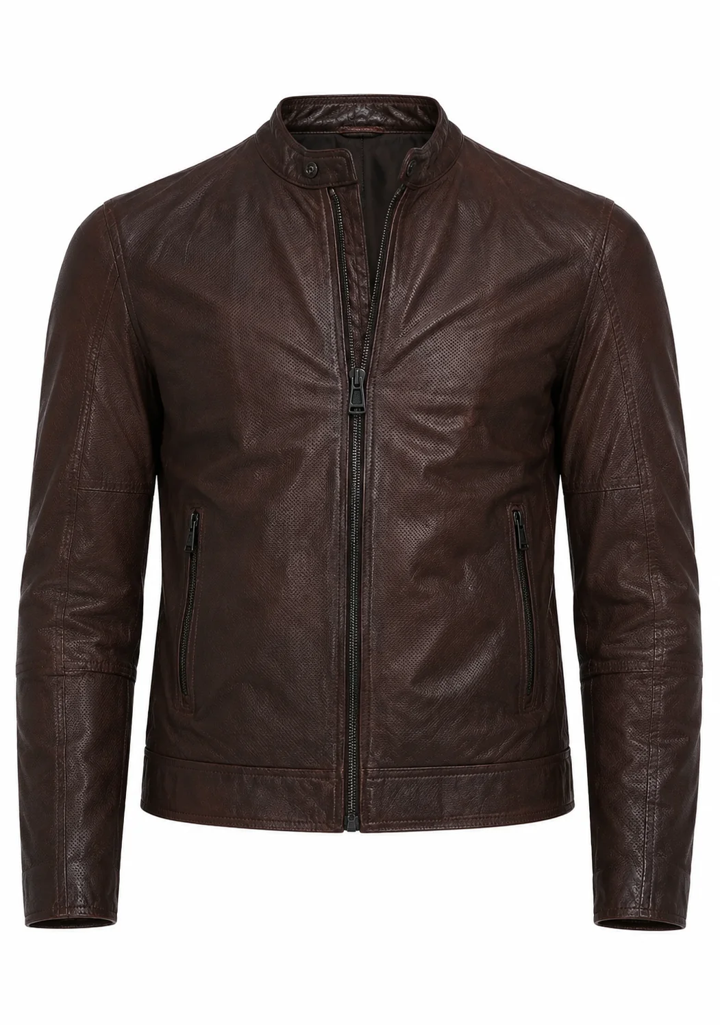 Men’s Brown Lambskin Leather Blouson Biker Jacket Perforated Vintage Motorcycle Jacket - Image 3