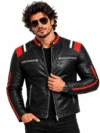 Men’s Vintage Distressed Black Leather Motorcycle Café Racer Jacket with Red & White Stripes