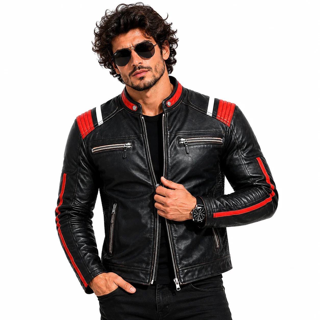 Men’s Vintage Distressed Black Leather Motorcycle Café Racer Jacket with Red & White Stripes