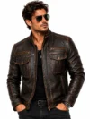 Men’s Vintage Dark Brown Distressed Leather Cafe Racer Biker Jacket