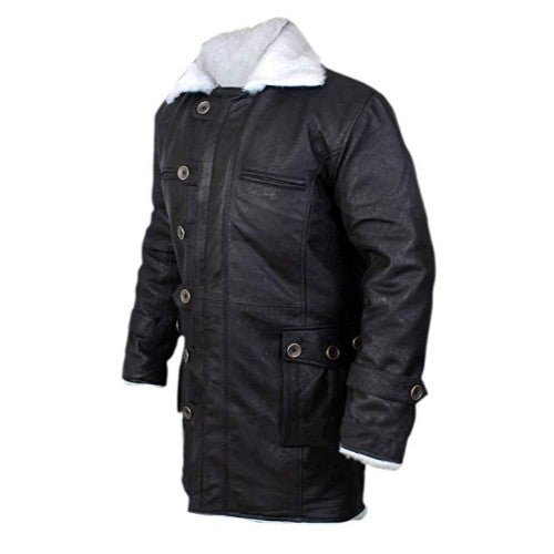 Men’s Black Distressed Leather Bane Coat Faux Shearling Lined Button Closure - Image 2