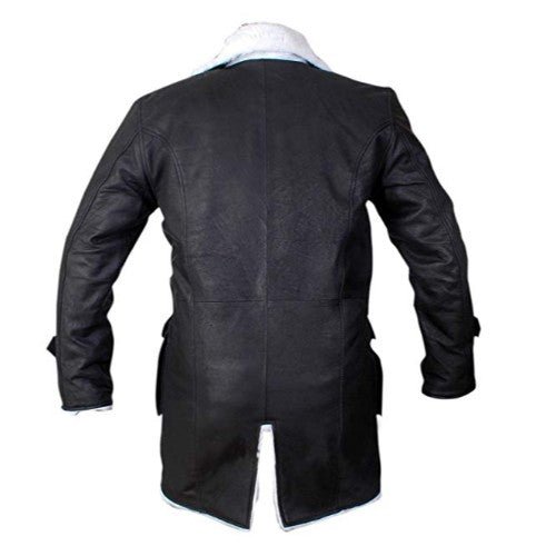 Men’s Black Distressed Leather Bane Coat Faux Shearling Lined Button Closure - Image 3