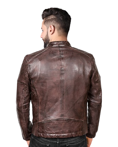 Men’s Dark Brown Genuine Leather Jacket Erect Collar with Full-Zip Closure - Image 3