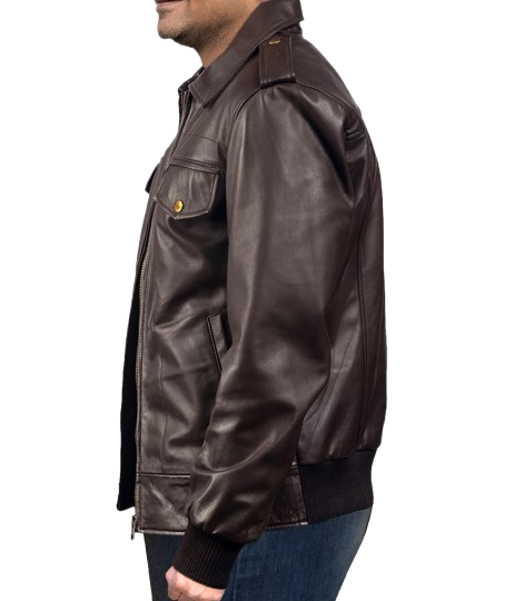 Men’s Agent Shadow Brown Leather Bomber Jacket Genuine Leather Casual Jacket - Image 3