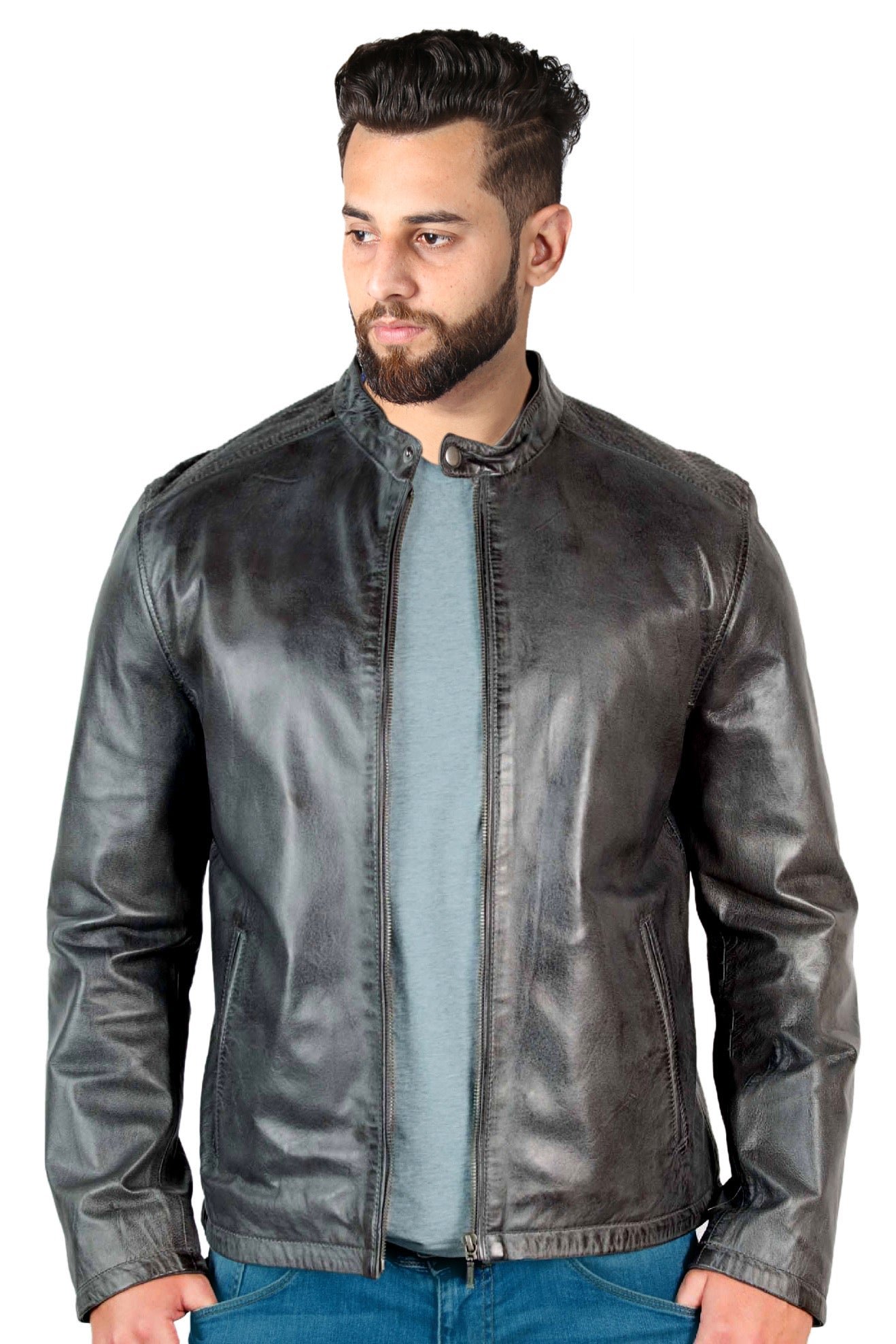 Men’s Dark Grey Genuine Lamb Nappa Leather Jacket Premium Soft Leather Jacket - Image 3