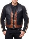 Men’s Western Tooled Leather Motorcycle Vest Hand-Carved Brown & Black Biker Vest with Buckle Closures