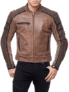Men’s Vintage Brown Leather Biker Jacket Retro Café Racer Motorcycle Jacket with Black Stripe Detailing