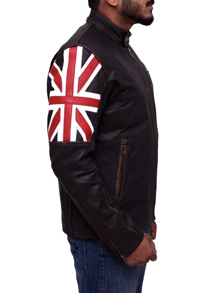 Men’s Distressed Brown Leather Jacket with Union Jack Flag Sleeves - Image 6