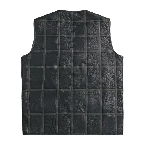 Black Genuine Leather Men’s Quilted Patchwork Vest with Front Zipper Closure Premium Streetwear Outerwear - Image 2