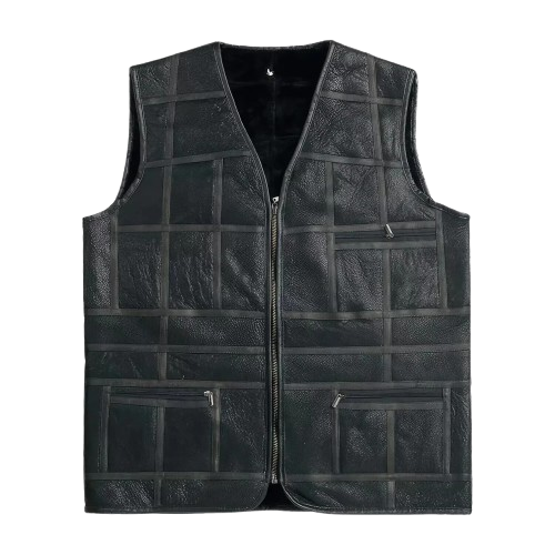 Black Genuine Leather Men’s Quilted Patchwork Vest with Front Zipper Closure Premium Streetwear Outerwear