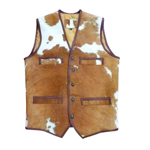 Men’s Tan & White Genuine Hair-On Cowhide Western Vest with Snap-Button Closure