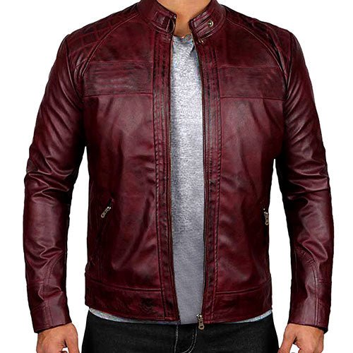 Men’s Maroon Biker Leather Jacket Genuine Leather Jacket with Quilted Shoulders and Snap-Tab Collar