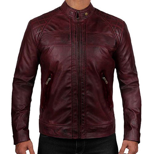 Men’s Maroon Biker Leather Jacket Genuine Leather Jacket with Quilted Shoulders and Snap-Tab Collar - Image 2