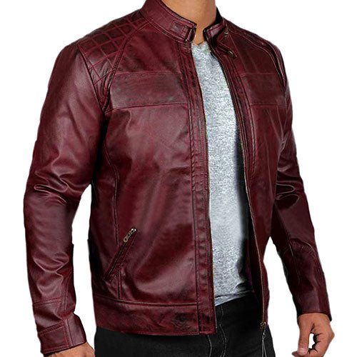 Men’s Maroon Biker Leather Jacket Genuine Leather Jacket with Quilted Shoulders and Snap-Tab Collar - Image 3