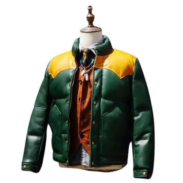 Green Designer Puffer Leather Jacket - Image 2