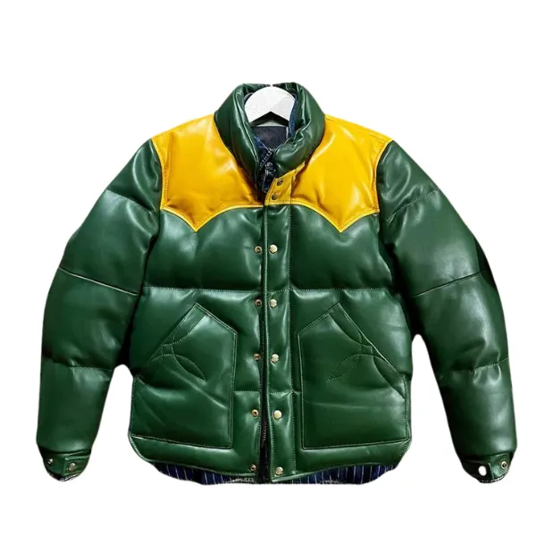 Green Designer Puffer Leather Jacket - Image 6