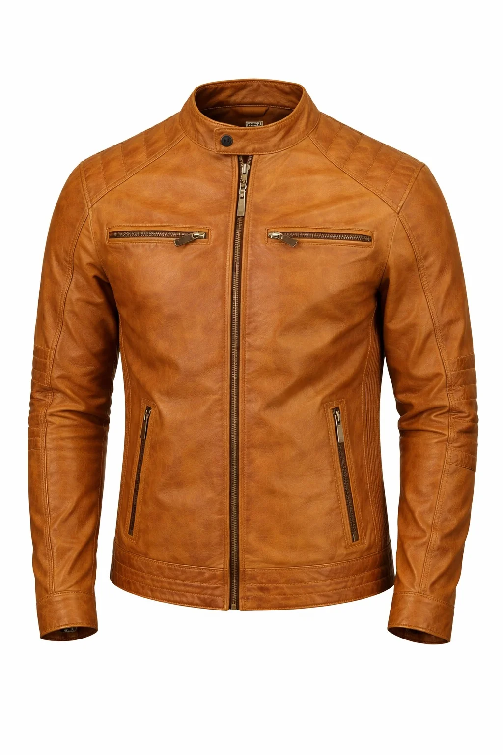 Men’s Brown Leather Biker Jacket with Quilted Shoulder Details Classic Motorcycle Jacket - Image 3