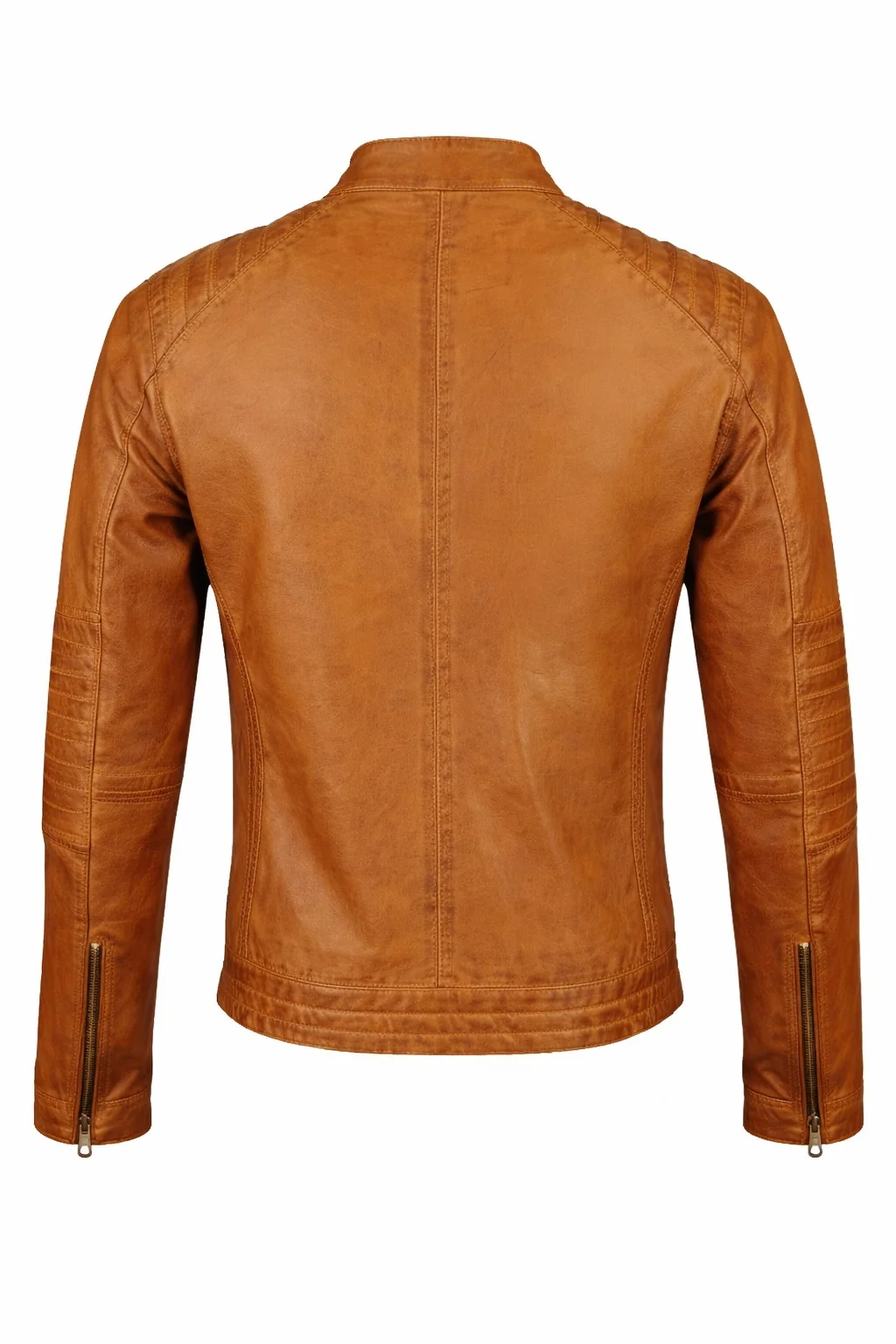 Men’s Brown Leather Biker Jacket with Quilted Shoulder Details Classic Motorcycle Jacket - Image 4