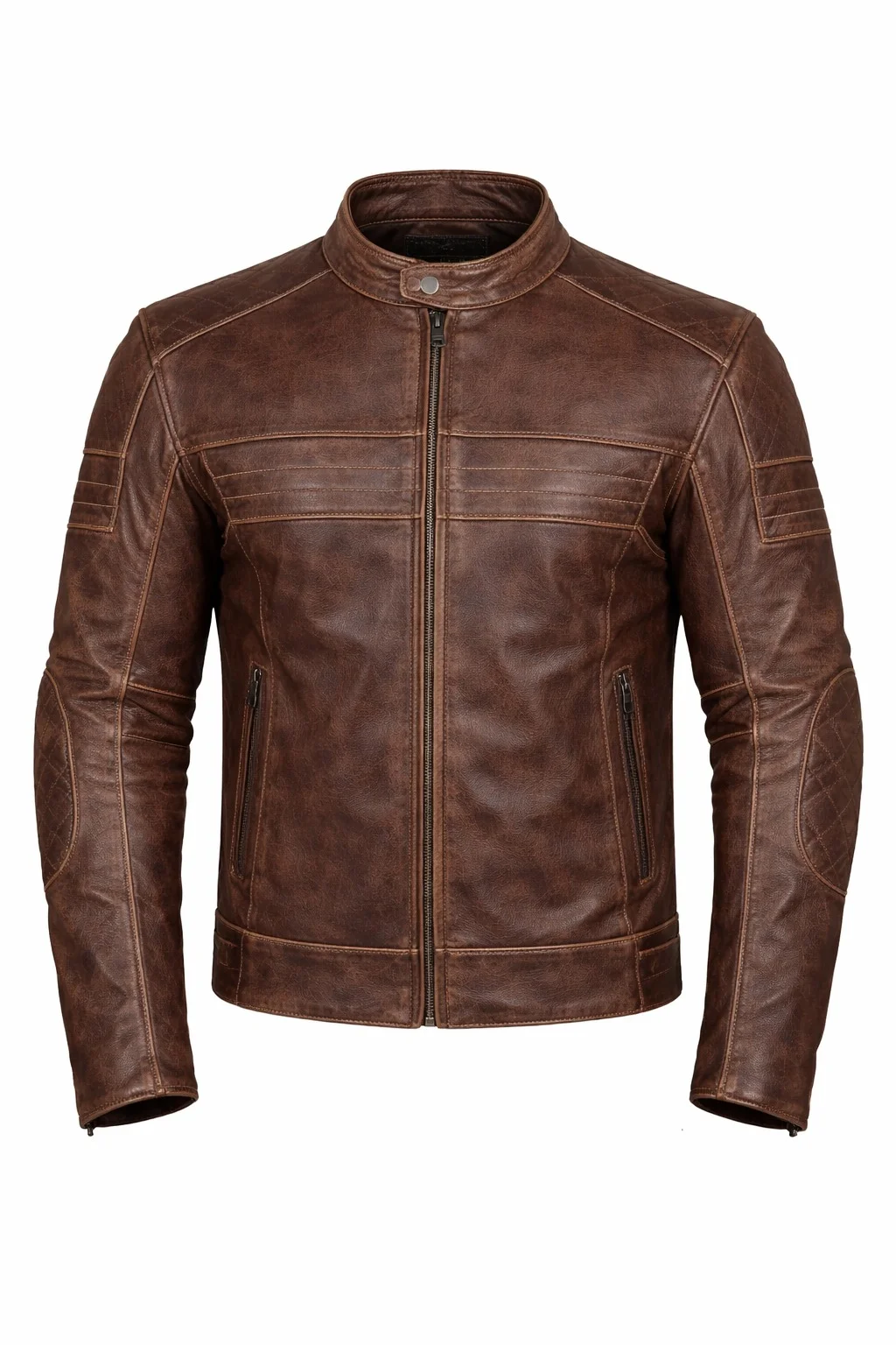 Men’s Distressed Brown Café Racer Leather Jacket Quilted Shoulder & Elbow Vintage Motorcycle Jacket - Image 3