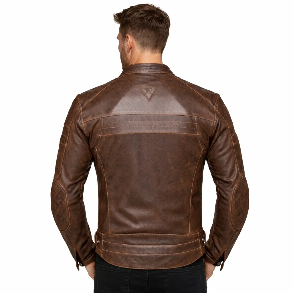 Men’s Distressed Brown Café Racer Leather Jacket Quilted Shoulder & Elbow Vintage Motorcycle Jacket - Image 2