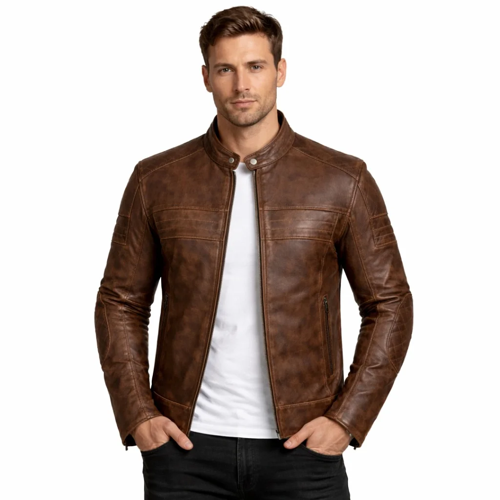 Men’s Distressed Brown Café Racer Leather Jacket Quilted Shoulder & Elbow Vintage Motorcycle Jacket