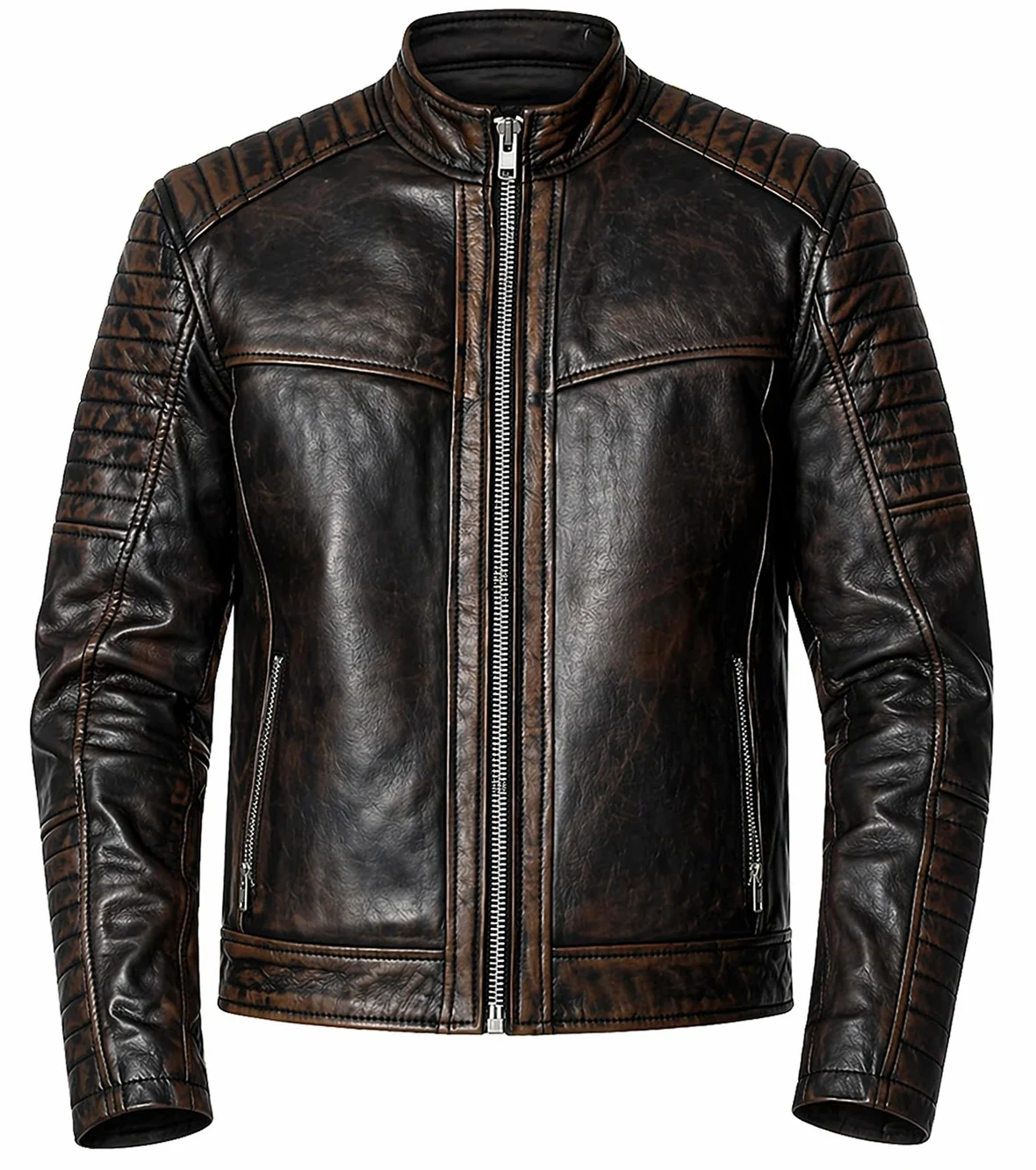Men’s Distressed Brown Leather Biker Jacket Quilted Shoulder & Sleeve Detailing - Image 3