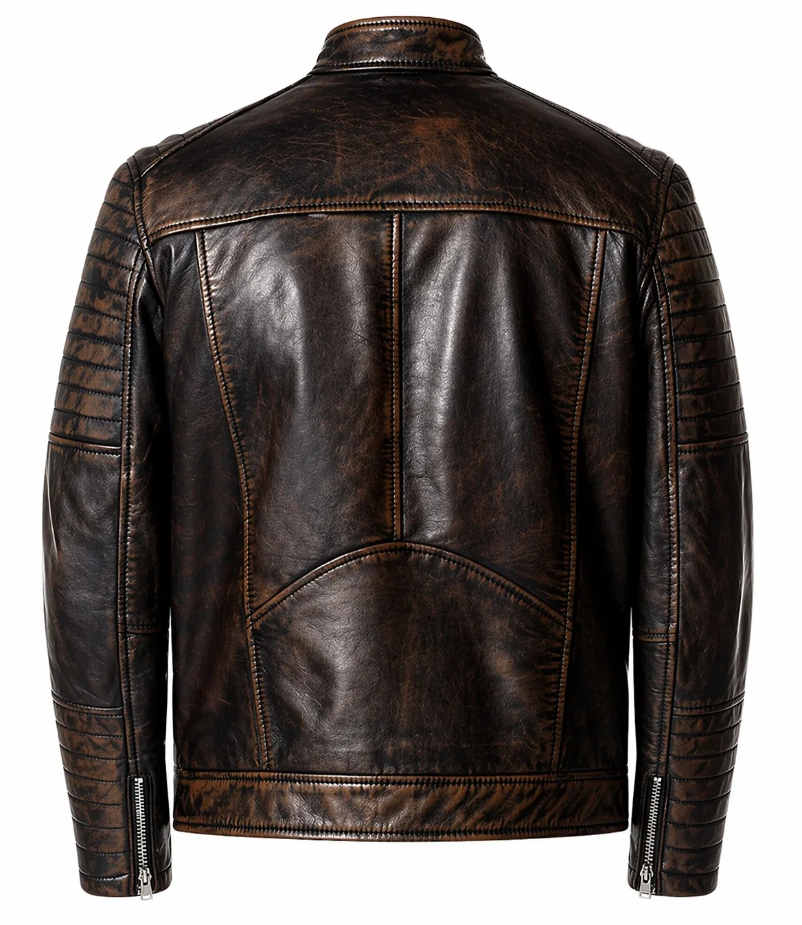 Men’s Distressed Brown Leather Biker Jacket Quilted Shoulder & Sleeve Detailing - Image 4