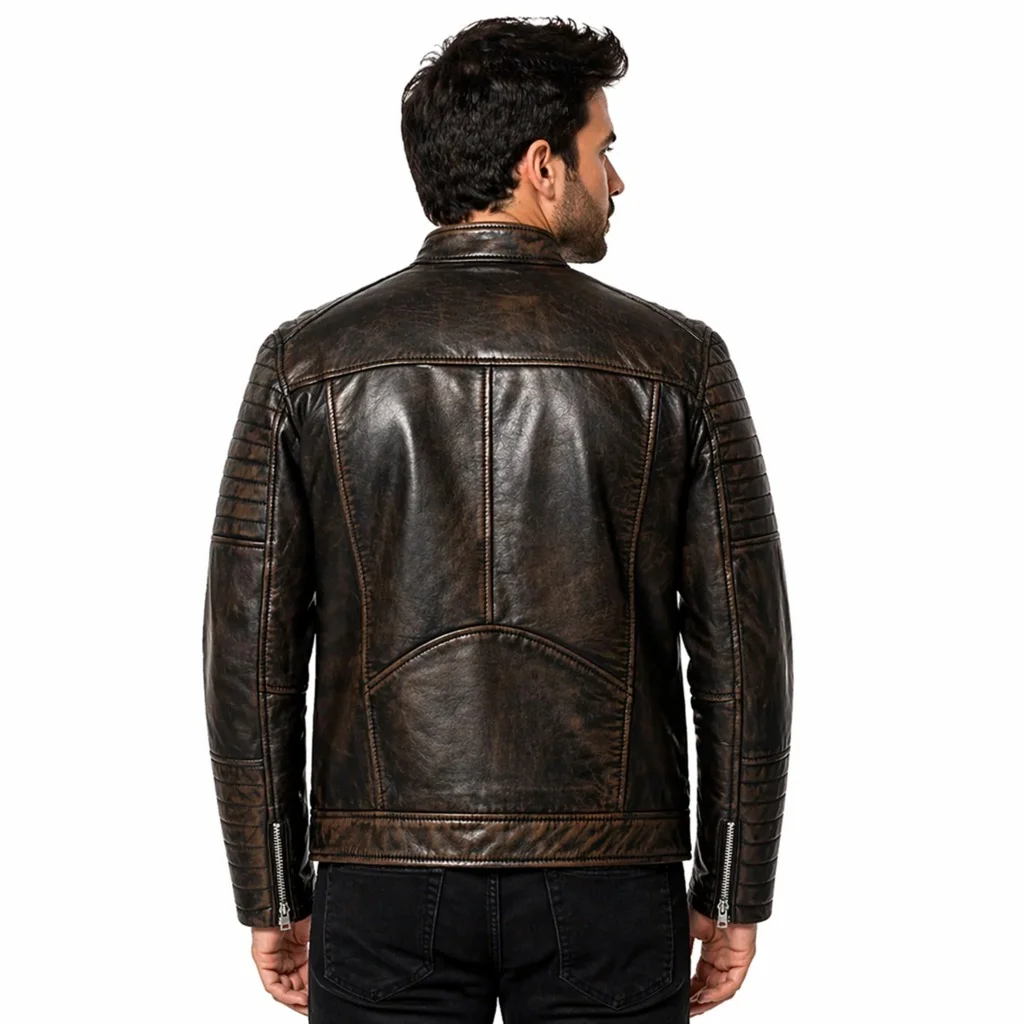 Men’s Distressed Brown Leather Biker Jacket Quilted Shoulder & Sleeve Detailing - Image 2