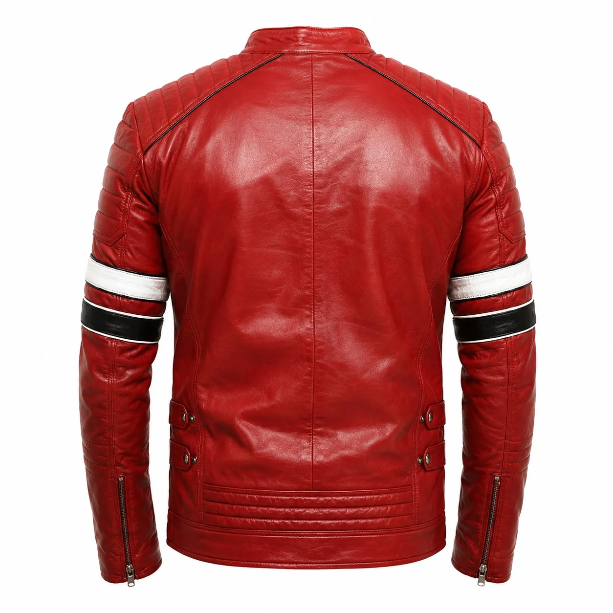 Men’s Red Leather Biker Jacket with White & Black Racing Stripes and Quilted Shoulder Panels Slim Fit Motorcycle Jacket - Image 4