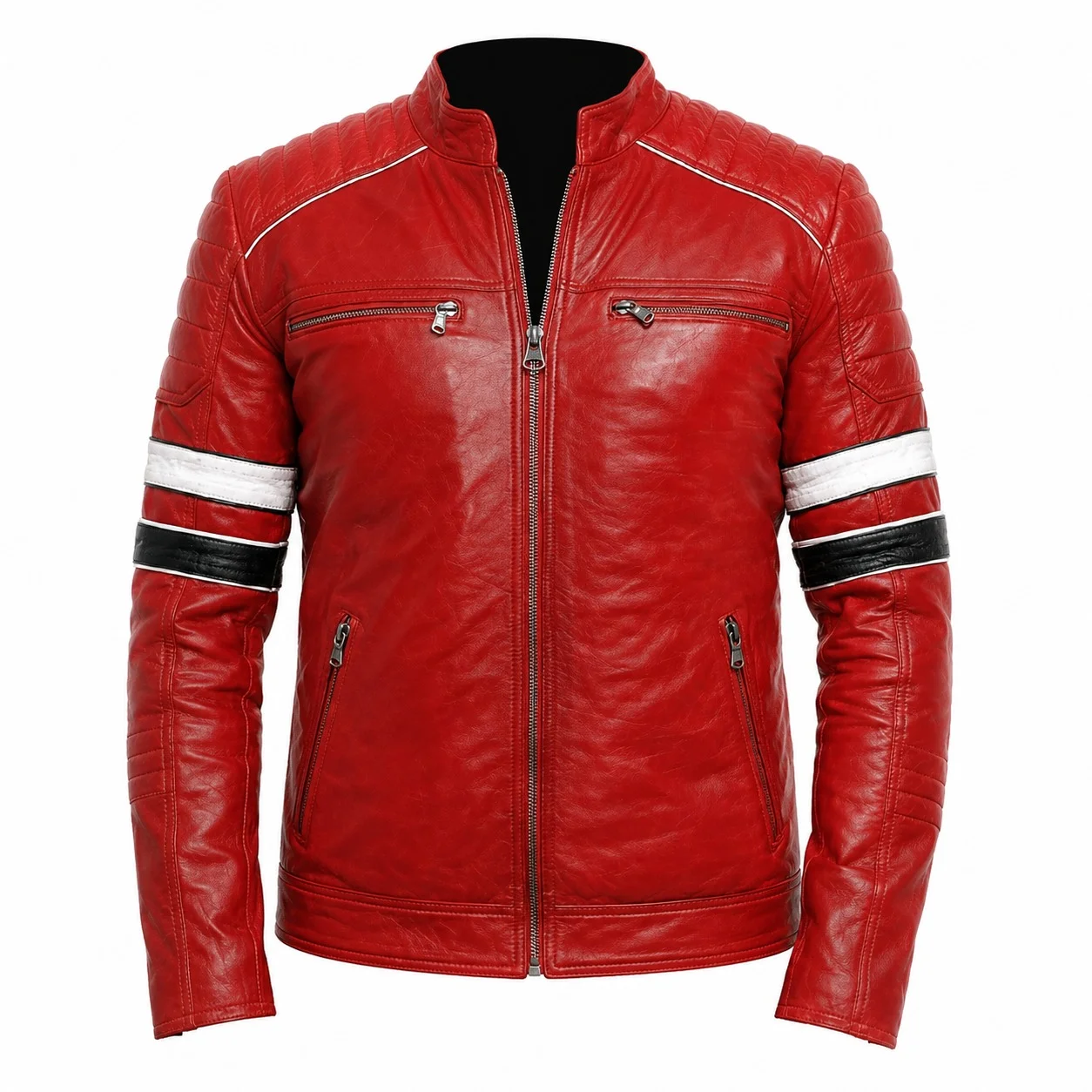 Men’s Red Leather Biker Jacket with White & Black Racing Stripes and Quilted Shoulder Panels Slim Fit Motorcycle Jacket - Image 3