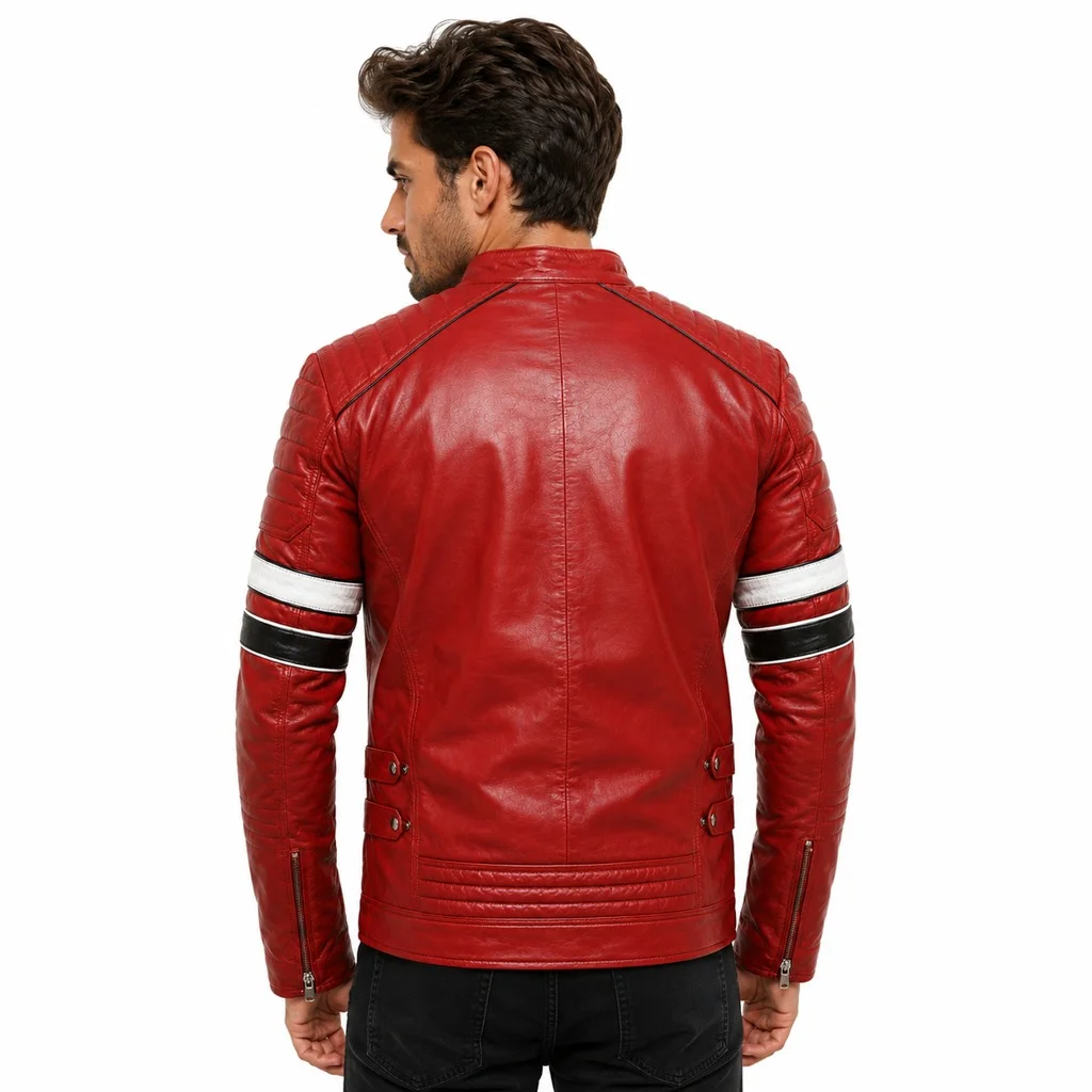 Men’s Red Leather Biker Jacket with White & Black Racing Stripes and Quilted Shoulder Panels Slim Fit Motorcycle Jacket - Image 2