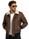 Houston Brown Leather Bomber Jackets For Men with Removable Shearling Collar