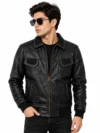 Men’s Black Leather Bomber Jacket Shirt Collar with Ribbed Cuffs