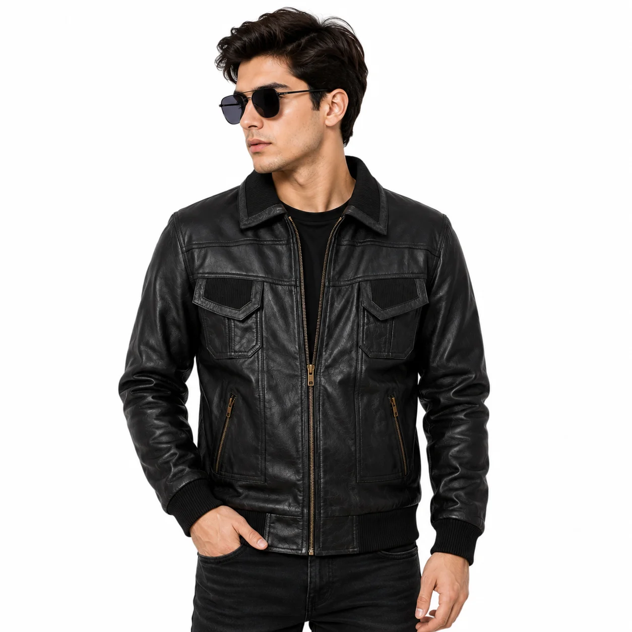 Men’s Black Leather Bomber Jacket Shirt Collar with Ribbed Cuffs