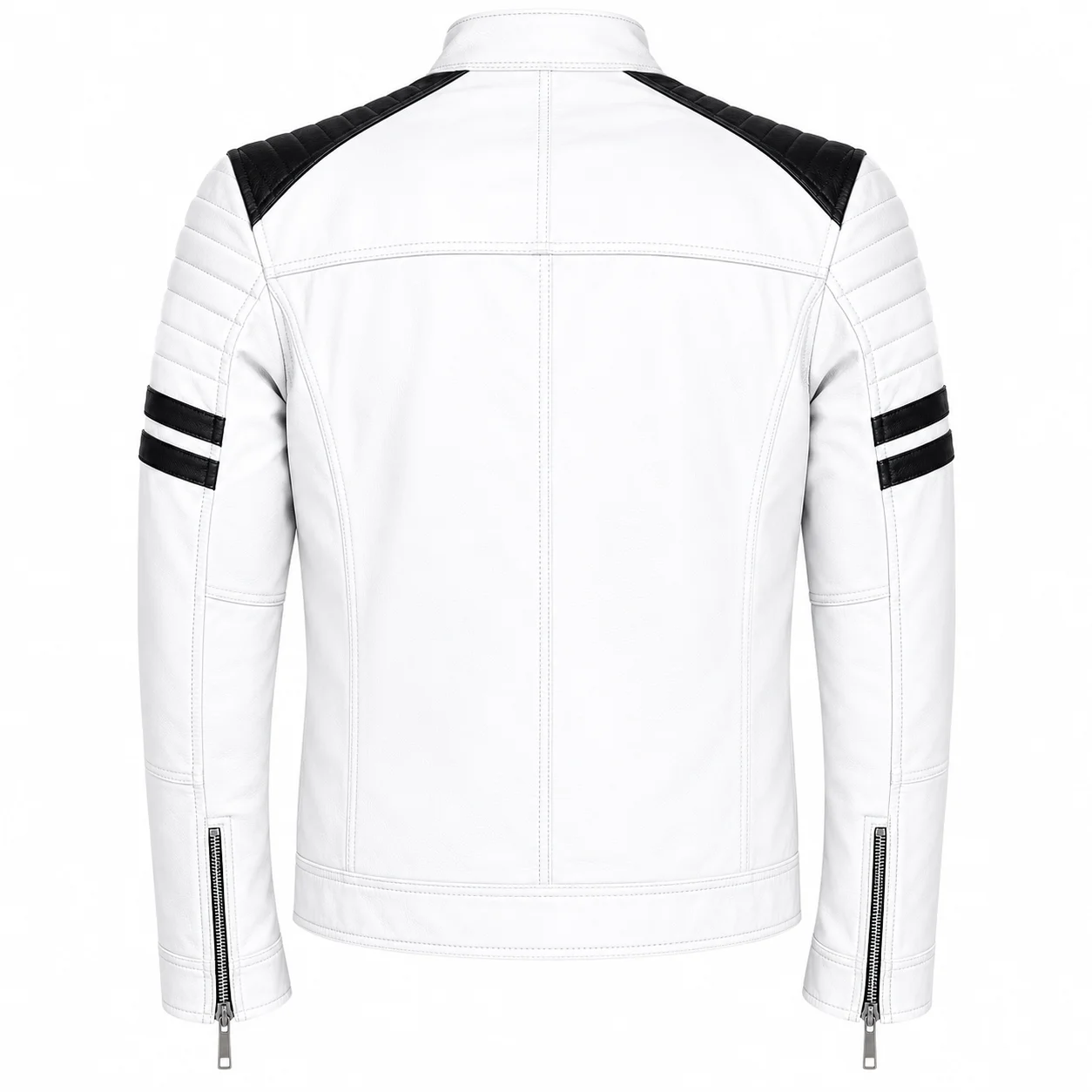 Men’s White Leather Biker Jacket with Black Stripes - Image 4