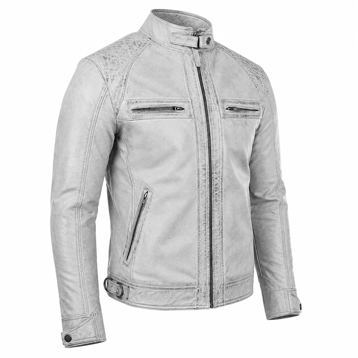 Men’s Vintage Distressed Genuine Leather Cafe Racer Jacket - Image 5