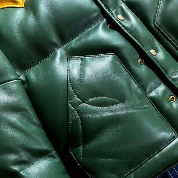 Green Designer Puffer Leather Jacket - Image 4