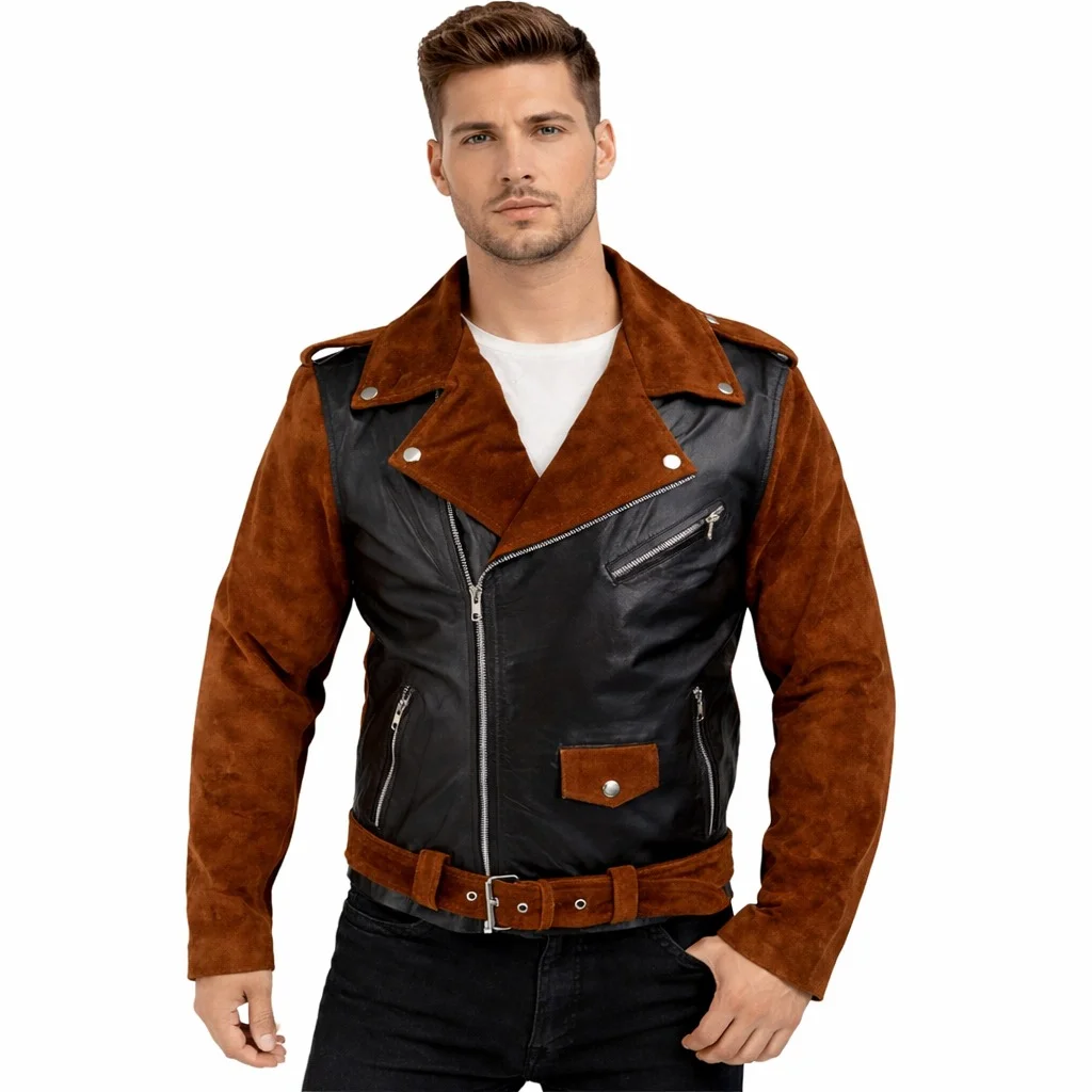 Men’s Black & Brown Leather and Suede Biker Jacket Dual Material Premium Motorcycle Jacket