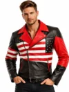 Men’s Black & Red Leather Biker Jacket American Flag Design