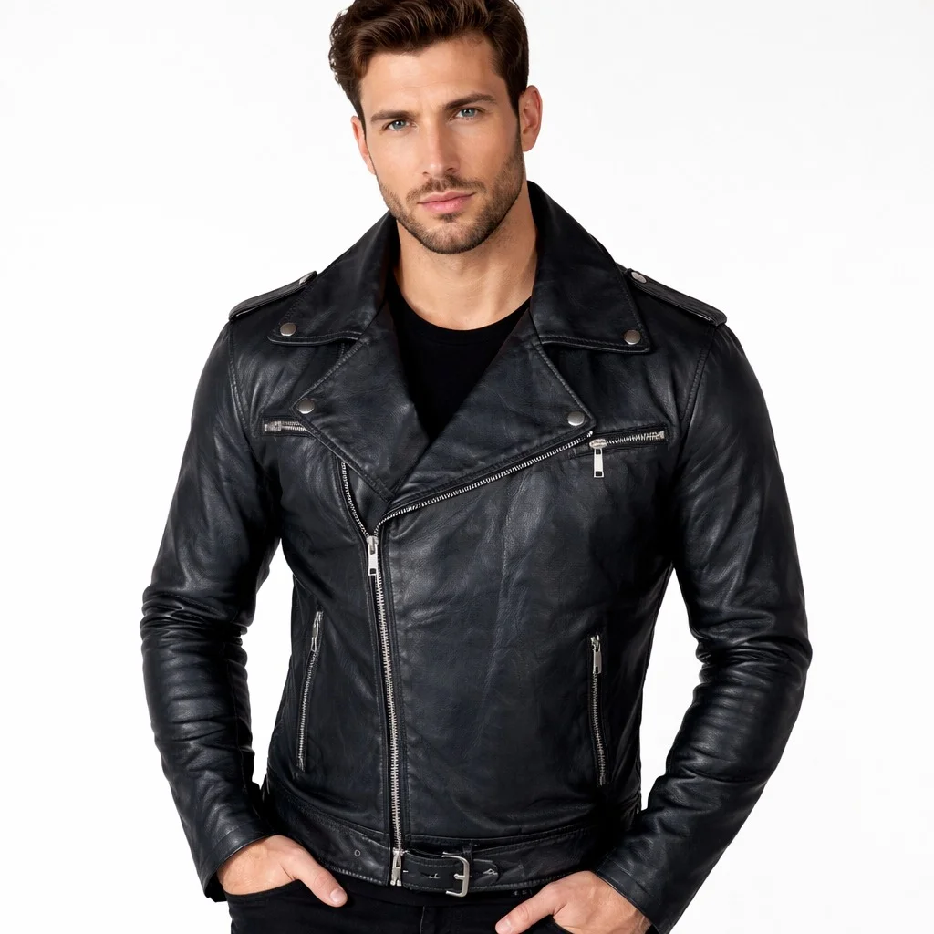 Men’s Black Asymmetrical Leather Biker Jacket Classic Motorcycle Jacket