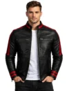 Men’s Black Cafe Racer Leather Biker Jacket with Red Stripes Racing Style