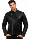 Men’s Black Leather Biker Jacket Snap-Tab Collar, Zipper Cuffs & Padded Shoulder/Sleeve Design