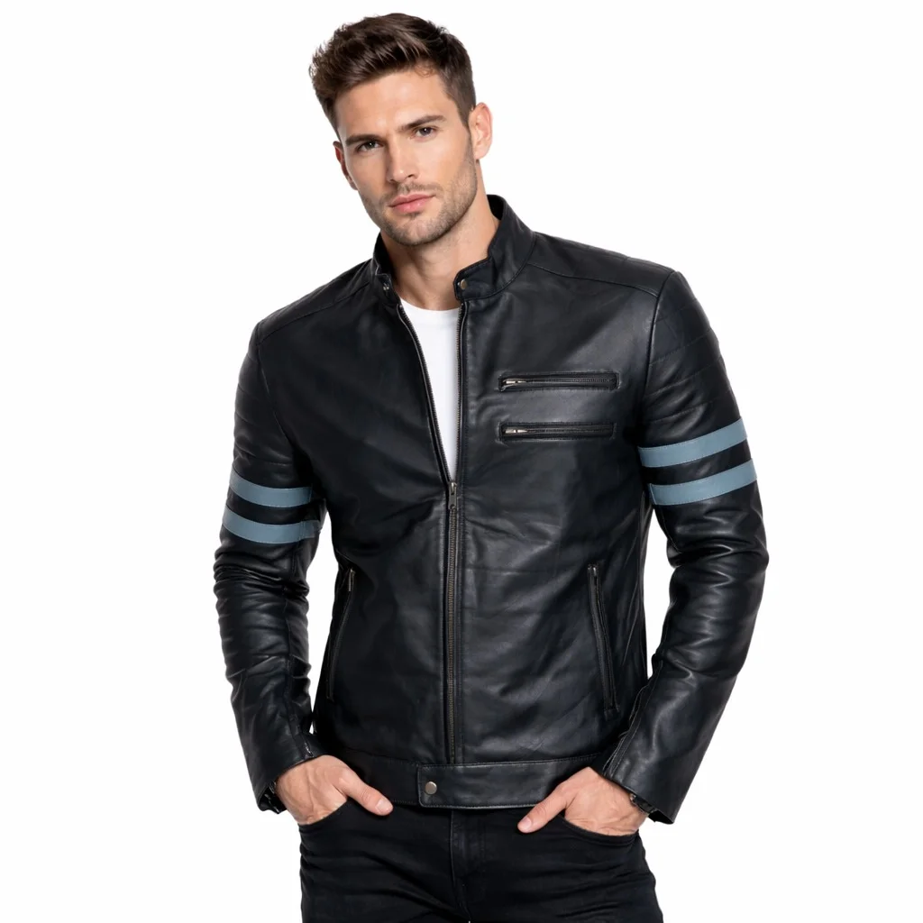 Men’s Black Leather Biker Jacket with Grey / Blue Racing Stripes Genuine Leather Motorcycle Jacket