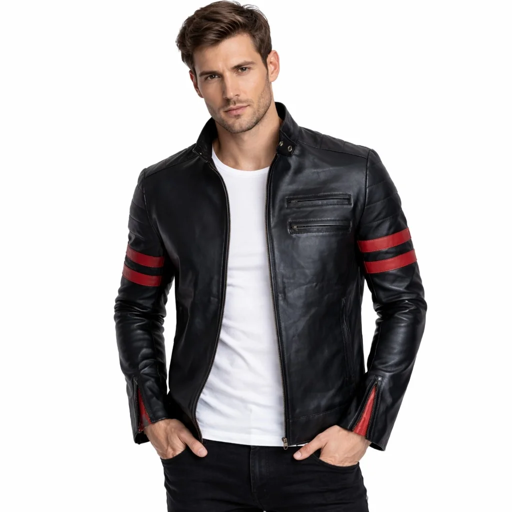 Men’s Black Leather Biker Jacket with Red Racing Stripes Genuine Leather Motorcycle Jacket