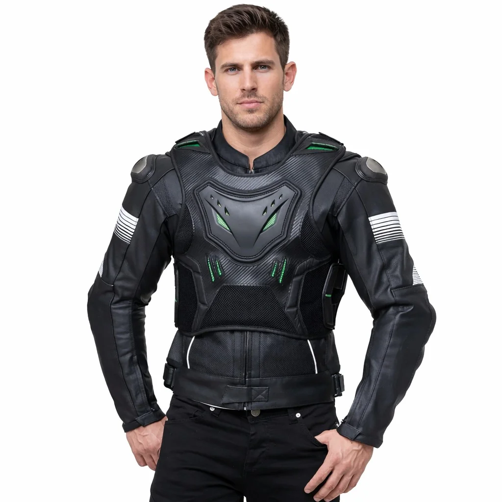 Men’s Armored Motorcycle Riding Jacket, High-Protection Biker Jacket with Chest, Shoulder & Back Guards